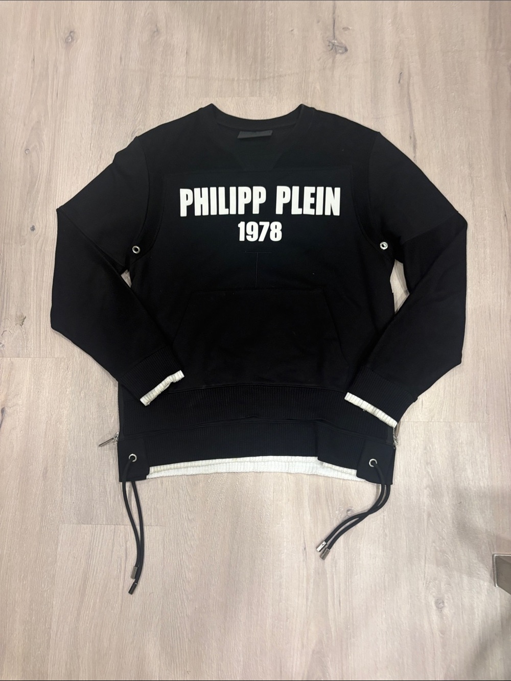 Philipp Plein Black Crewneck with White Logo and Drawstring Hem